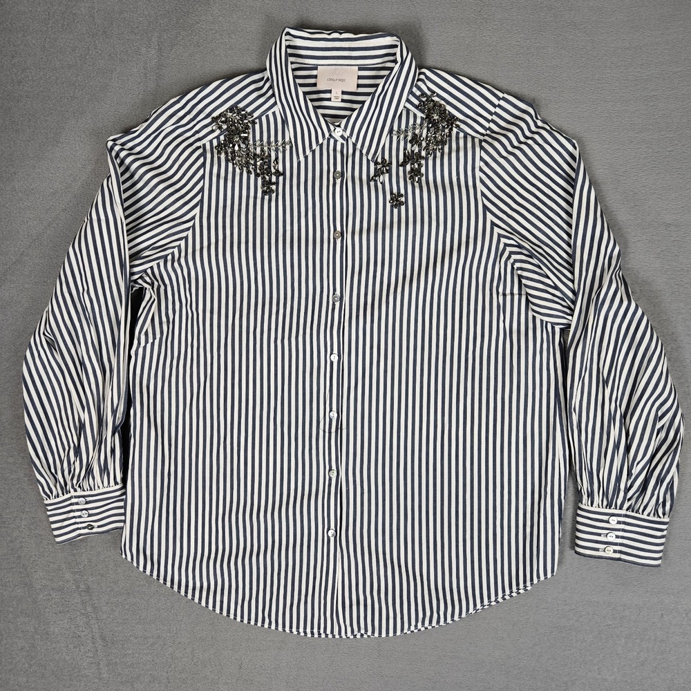 Cinq a Sept Tianna Top Womens Large Embellished Striped Button Down *READ